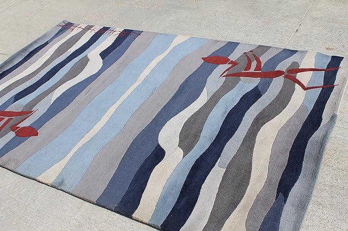 thamelmartUSA R17692 Gorgeous Bold Stripped Blue Colored Hand Made Tibetan Woolen Area Rug 5 Feet X 8 Feet Made in Nepal