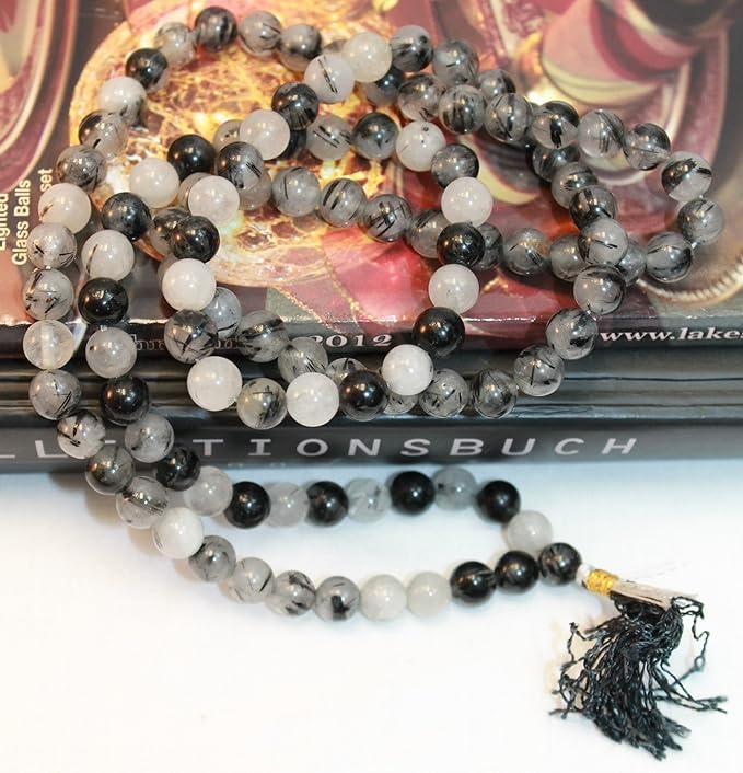 F682 Handmade Tibetan Black Rainbow Glass Beads 108 Japa Mala for Meditation, Yoga 8mm Beads