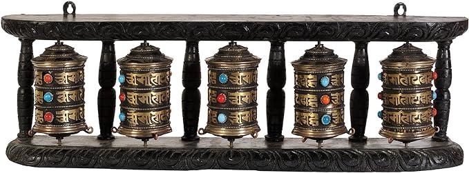 Five Prayer Wheels Enshrined in One Stand (Wall Hanging) -Tibetan Buddhist - Wood, Copper and Brass