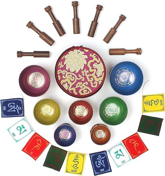 Tibetan Singing Bowl Set of 7, Chakra Colors Decor Himalayan Singing Bowl
