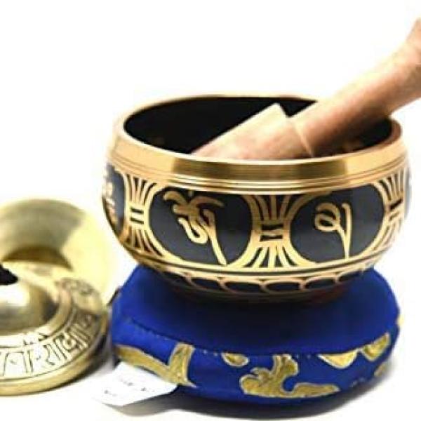 3.75" Exquisite Tibetan Singing Bowl Set for Meditation ~ Mantra Symbols Painted ~ Om Nava Sivaya Tingsha Cymbals ~ Handmade in Nepal by Thamelmart