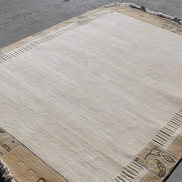 Thamel Mart R8303 Gorgeous Custom Made Cream Colored Hand Made Tibetan Woolen Area Rug 5.7 Feet X 7.10 Feet Made in Nepal