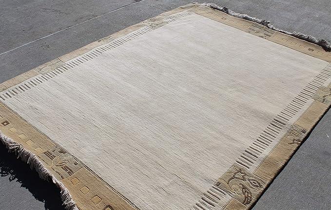 Thamel Mart R8303 Gorgeous Custom Made Cream Colored Hand Made Tibetan Woolen Area Rug 5.7 Feet X 7.10 Feet Made in Nepal