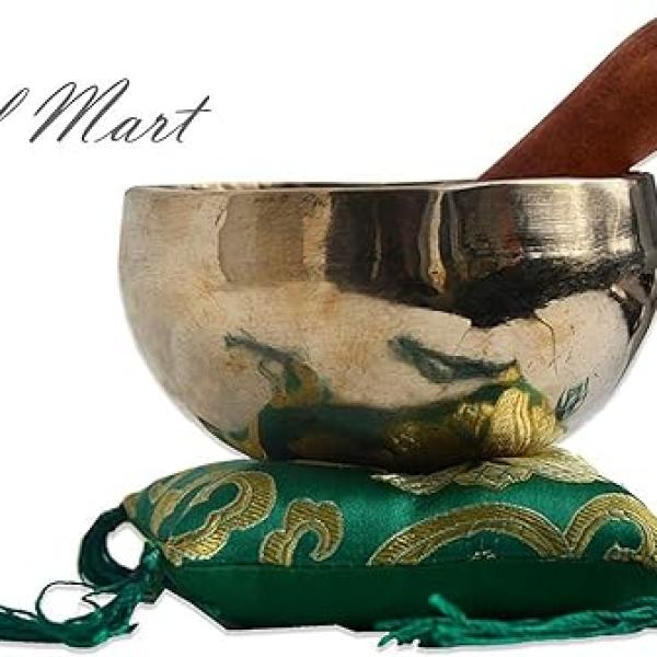 Tibetan Singing bowl handmade brass (4inch 7 metal) including free wooden mallet (strike) Silk Cushion